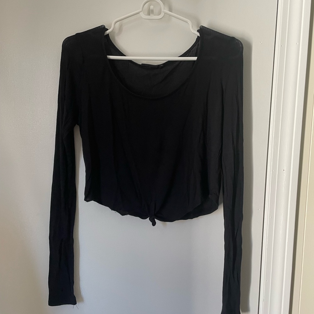 Out From Under Thin Material Cropped Tied Black Long Sleeve Women's Top